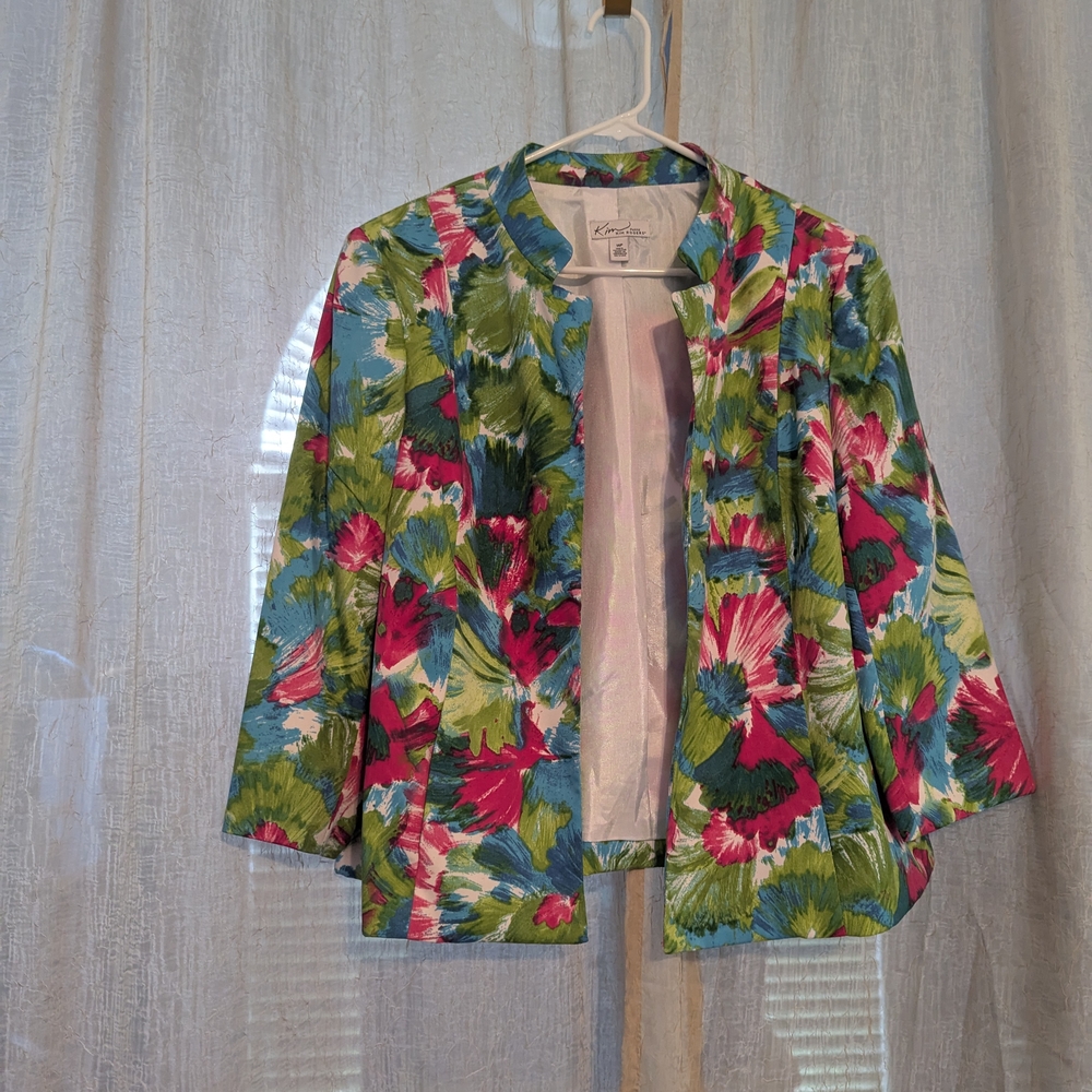 Vibrant Green and Pink Floral Blazer with 3/4 Sleeves